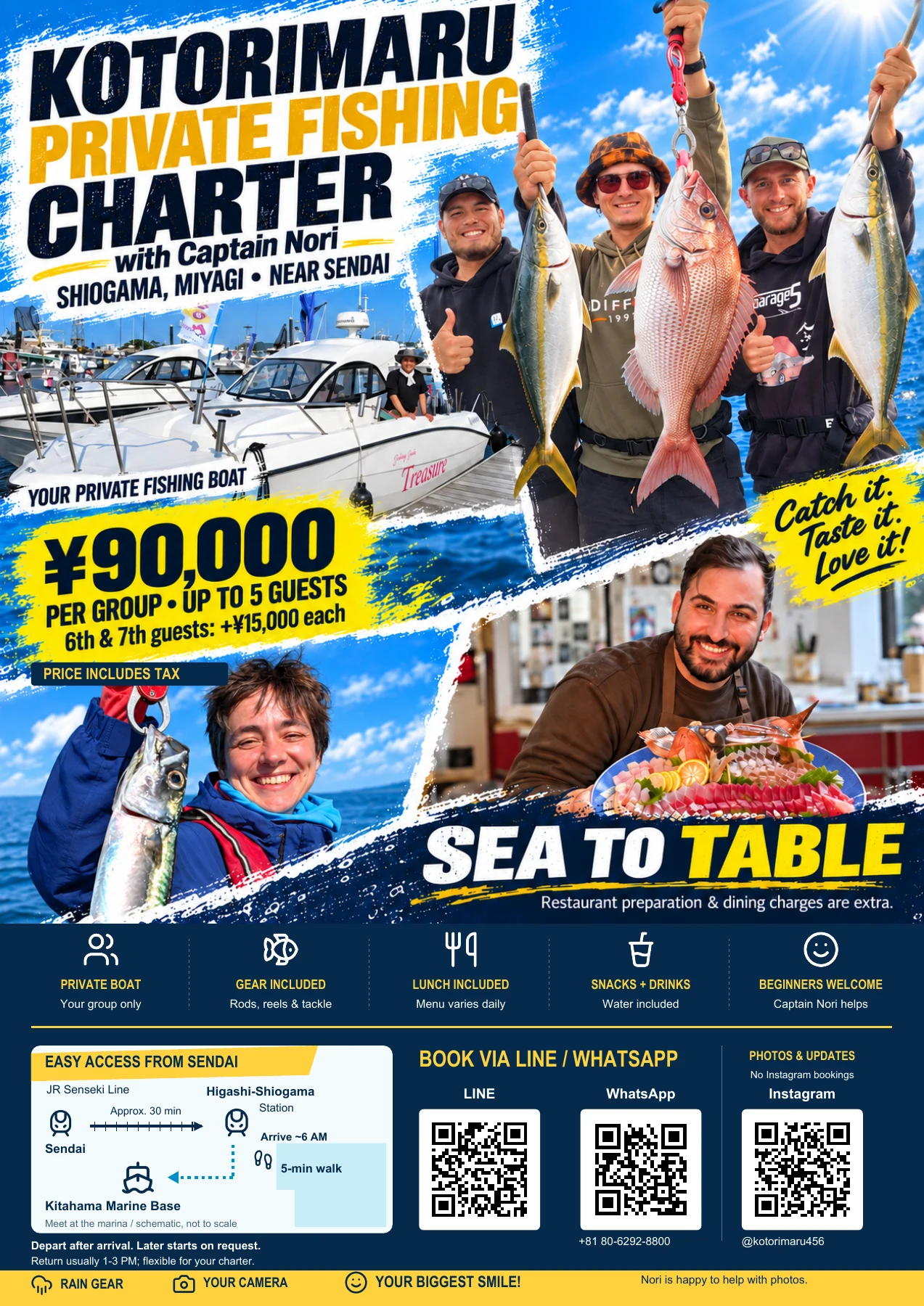 Kotori-maru English private fishing charter flyer. Charter prices, inclusions, access and contact details are also written on this page.